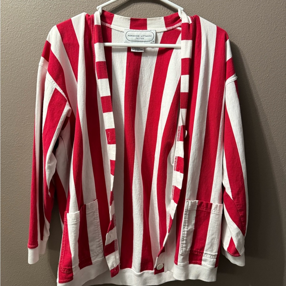 Adrienne Vittadini Vintage Bold Red and White Striped Cardigan - MP Oversized